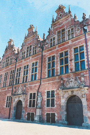 Watercolor painting on canvas. Printable postcard. Fridge magnetic design. painting walls. Gdansk Polandの写真素材