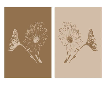 Set of 2 Botanical wall art. Line art tropical drawing with abstract shape.のイラスト素材