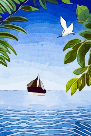 Watercolor painting on canvas. Landscape by the lake.の素材