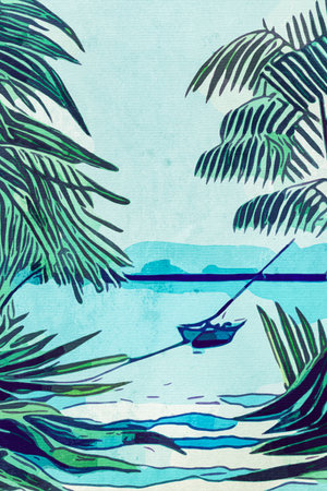 Watercolor painting on canvas. Landscape by the lake.の素材