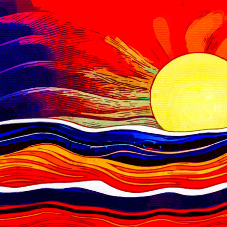 Watercolor painting on canvas. Printable botanical illustration, fabric pattern, for use in graphics. sunset.の写真素材