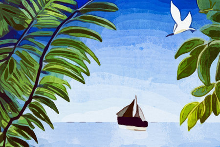 Watercolor painting on canvas. Landscape by the lake.の写真素材