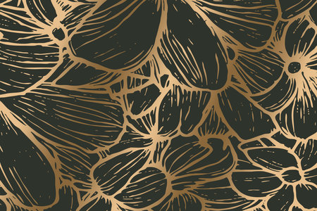 Luxurious golden botanical background. Printable wallpapers, covers, wall art, greeting card, wedding cards, invitations. Not generated by Aiの写真素材