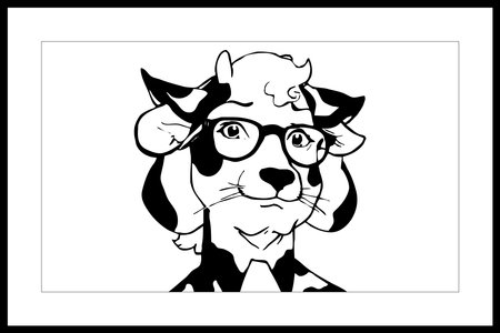 Cow with glasses. Line art. Logo design for use in graphics. T-shirt print, tattoo design. Minimalist illustration for printing on wall decorations.の写真素材