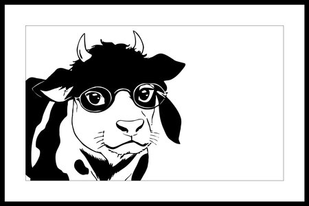 Cow with glasses. Line art. Logo design for use in graphics. T-shirt print, tattoo design. Minimalist illustration for printing on wall decorations.の写真素材