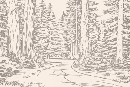 Landscape in the forest. Line art. Logo design for use in graphics. T-shirt print, tattoo design. Minimalist illustration for printing on wall decorations.の写真素材