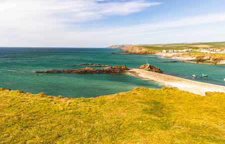 Bude Cornwall Uk. Beautiful landscape by the Atlantic Ocean on a sunny day.の写真素材
