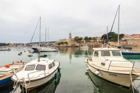 May 5, 2022 Vrbnik Croatia. Landscape on the Adriatic Sea on the island of Krk. Marina with yachts.のeditorial素材