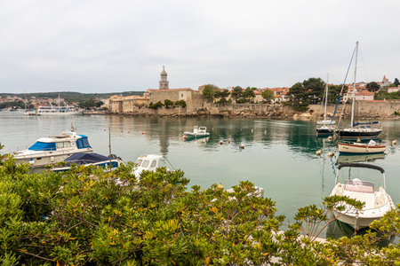 May 5, 2022 Vrbnik Croatia. Landscape on the Adriatic Sea on the island of Krk. Marina with yachts.のeditorial素材