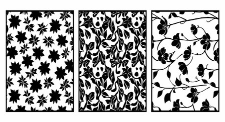 Set of 3 Black and white botanical pattern. For use in graphics, materials. Abstract plant shapes. Minimalist illustration for printing on wall decorations.のイラスト素材