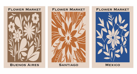 Set of 3 Botanical poster inspired by the flower market. Illustration for wall art, greeting card and invitation.のイラスト素材