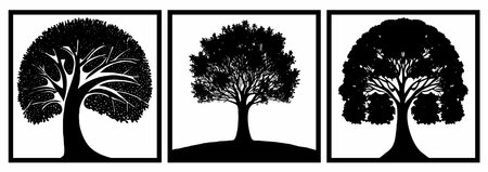 Set of 3 Black and white botanical pattern. For use in graphics, materials. Abstract plant shapes. Minimalist illustration for printing on wall decorations. Treeのイラスト素材