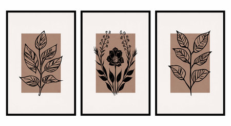 Neutral wall graphics. . Botanical illustration for printing. Modern rustic wall decoration for the room. Modern house. Cover design, wallpaper.のイラスト素材