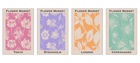 Collection of botanical posters inspired by the flower market. Illustration for wall art, greeting cards and invitations.のイラスト素材