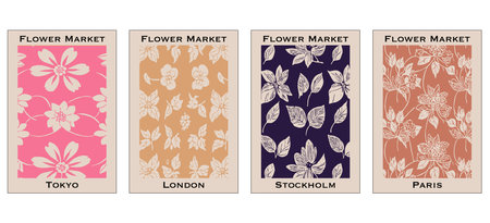 Collection of botanical posters inspired by the flower market. Illustration for wall art, greeting cards and invitations.のイラスト素材