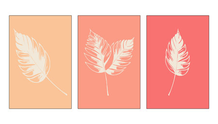 Set of 3 Botanical pattern in a fashionable color of 2024. Peach Fuzz. Design for covers, business cards, for printing on minimalist wall decorations.のイラスト素材
