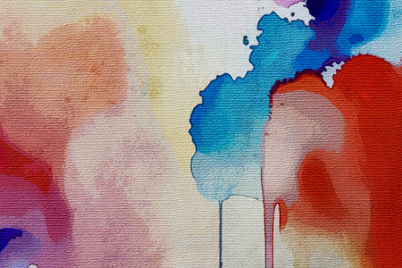 Watercolor background on canvas. Texture for cards, flyers, posters, banners. Brush strokes and stains. Painted template for design.の写真素材