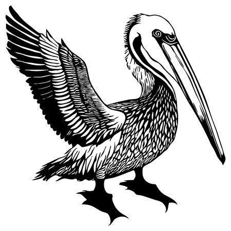 Black pelican on white background. Animals line art. Logo design for use in graphics. Print for T-shirts, design for tattoos.の写真素材