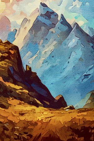 Mountain landscape. Pattern for printing on wall decorations, wallpapers, covers, business cards. Watercolor painting on canvas. Generated by Aiの素材