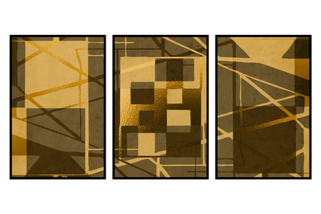 Set of 3 Abstract art. Artistic illustration for printing. The Art of the Golden Wall. Modern interior design. Vintage grunge old.の写真素材