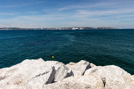 Beautiful seaside landscape on a sunny day. Brixham Devon UK.の写真素材