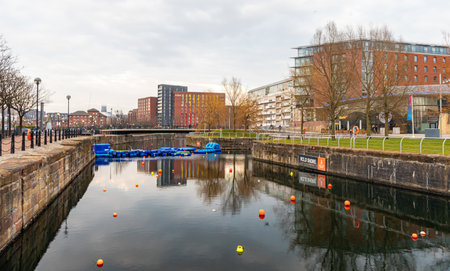 March 22, 2022. Liverpool United Kingdom. Architecture landscape on the River Merseyのeditorial素材