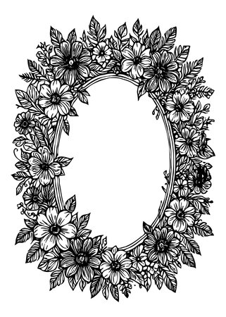 Botanical frame for use in graphics. Black and white line art. Flowers leaves in the illustration.の写真素材
