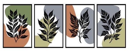 Set of 4 Botanical backgrounds. Abstract plant shapes. Minimalist illustration for printing on wall...