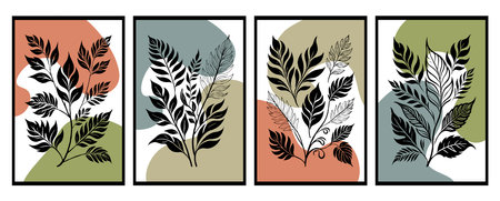 Set of 4 Botanical backgrounds. Abstract plant shapes. Minimalist illustration for printing on wall decorations.のイラスト素材