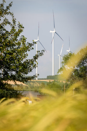 Windmill farm. Landscape in the countryside on a August day.