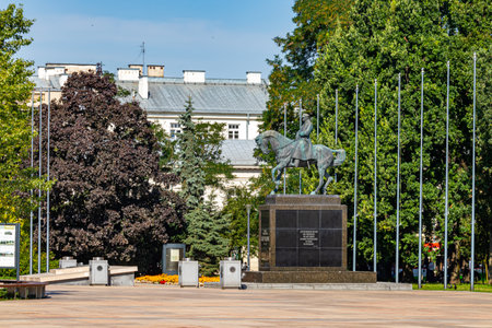 July 24, 2024 Lublin Poland. Photo from the trip. The monument is Jozef Pilsudski on horseback. Litewski Square.のeditorial素材