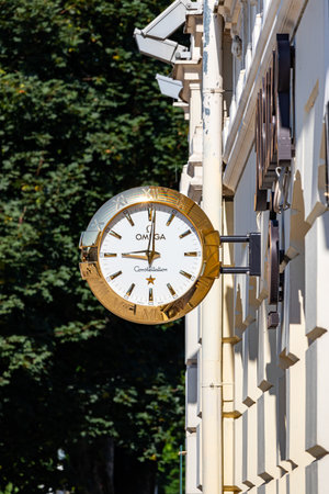 July 24, 2024 Lublin Poland. Photo from the trip. Golden clock on the building. Litewski Square