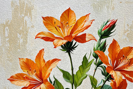 Oil painting. Artistic brush strokes. Botanical pattern for printing on wall decorations.の写真素材