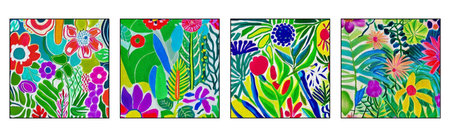 Set of 4 Botanical pattern for printing on wall decorations, covers. Artistic brush strokes.