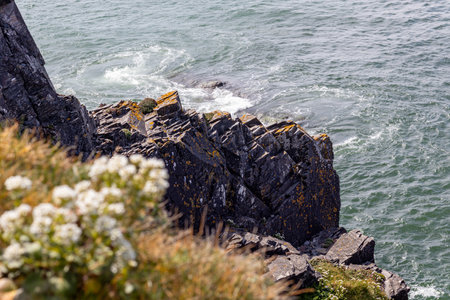 Landscape on a sunny April day. Beautiful view of the mountains and ocean. Padstow Cornwall, UK.