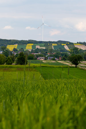Windmill farm. Landscape in the countryside on a sunny day.の写真素材