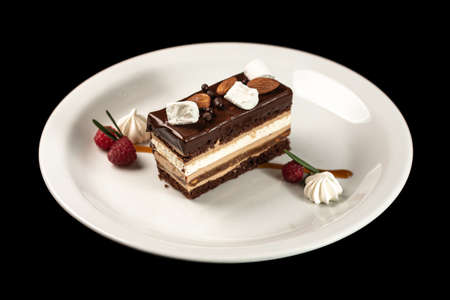 Delicious piece of chocolate cake on a white plateの写真素材
