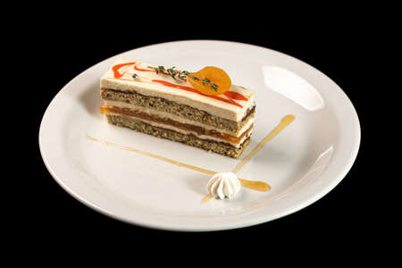 Delicious piece of cake on a white plateの写真素材