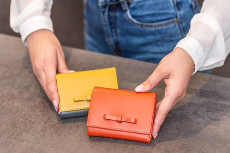 A girl holds in hand two different purses
