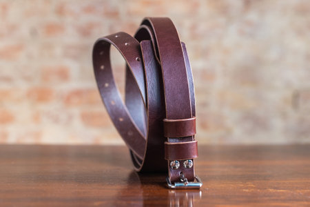Stylish leather belt on wooden background for mensの写真素材