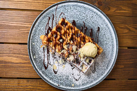 Belgian waffle with ice cream closeの写真素材