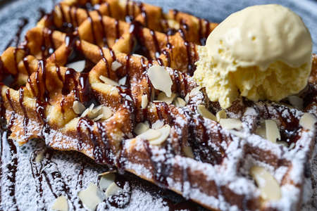 Belgian waffle with ice cream closeの写真素材