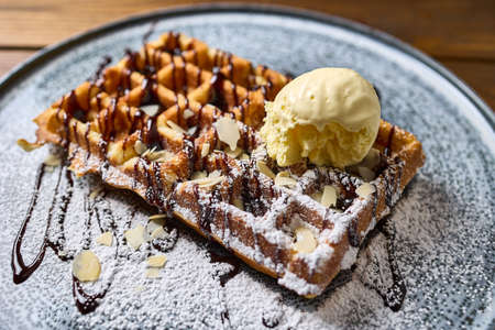 Belgian waffle with ice cream closeの写真素材