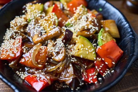Meat pan with vegetablesの写真素材