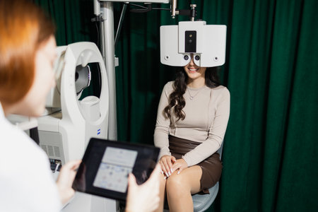 Close-up of a woman smiling as she takes a vision test with a phoropter in a healthcare clinic.の写真素材