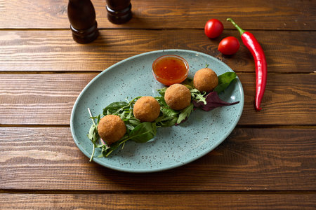 Crispy, golden-brown arancini (fried rice balls) served on a bed of fresh greens with a side of...