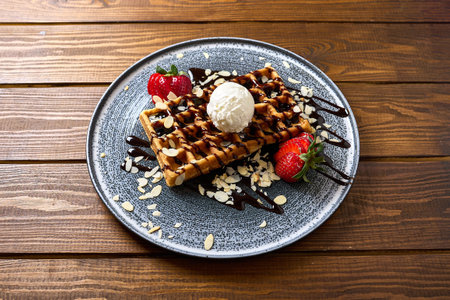 Golden-brown waffles served with a scoop of vanilla ice cream, fresh strawberriesの写真素材