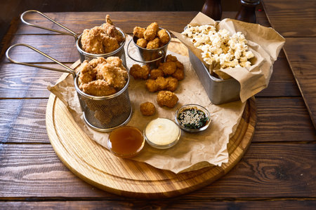 A variety of fried snacks, including crispy chicken strips, cheese balls, and popcorn, served with...