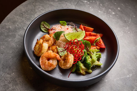 Gourmet shrimp salad with vegetables garnished with fresh lime and herbs served on black plate Asian cuisine conceptの写真素材