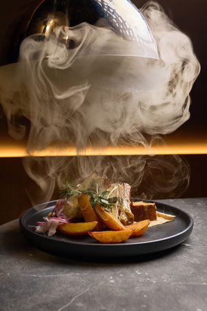 A savory smoked meal garnished with rosemary and served with roasted potatoes on a dark plate, elegantly steaming, fine dining conceptの写真素材